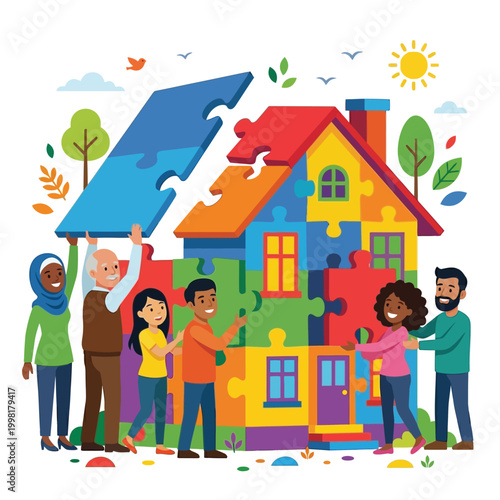 Four Interlocking Colorful Puzzle Pieces Perfectly Forming A Cozy House Silhouette Minimalist Flat Vector Logo Design For International Day Of Cooperatives Celebration White Background