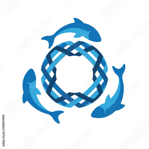 Symmetrical Woven Fishing Net Forming A Circle Surrounded By Three Jumping Blue Fishes Minimalist Flat Vector Logo Design For International Day Of Cooperatives On White Background