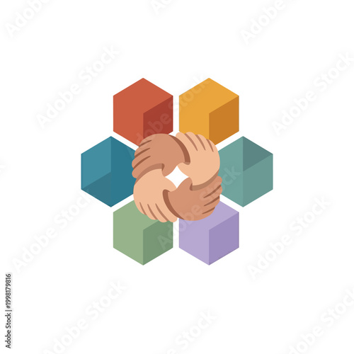 Vibrant Hexagonal Patchwork Quilt Pattern With A Central Interlocking Hands Motif Graphic Minimalist Flat Vector Logo Design For International Day Of Cooperatives White Background