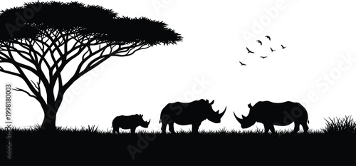 African savanna silhouette, acacia tree, rhinoceros family, flying birds, wildlife scene, nature art, black illustration, ecosystem design, safari landscape, minimalistic