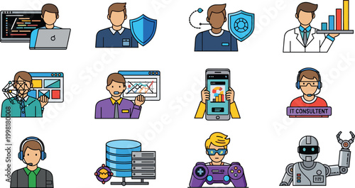Technology and IT Professional Icons Set with Developer, IT Consultant, Data Analyst, Robot, Database, and Programming for Digital Industry Designs