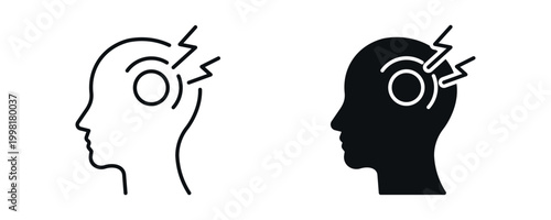 Headache pain icon set, human head with stress and signal waves concept in line and flat style. vector illustration.