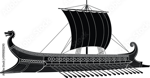 Ancient Greek trireme warship illustration, historic naval vessel art, maritime battle ship design, classical oared galley, cultural heritage concept