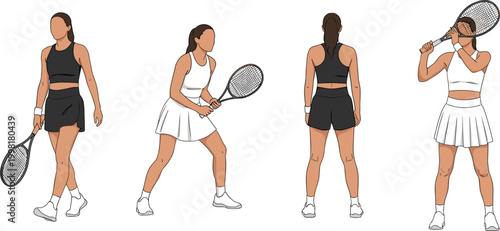 Female Tennis Player Character Set with Four Poses, Racket, and Sporty Outfit for Sports, Fitness, and Athletic Design Projects