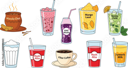 Traditional Drinks and Beverages Icons Set with Masala Chai, Mango Lassi, Rooh Afza, Filter Coffee, and Turmeric Milk for Cultural and Refreshing Drink Designs