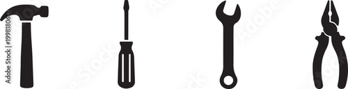 Hand tools icon set in solid and outline style, repair and construction equipment symbols