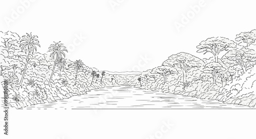 Lush riverine landscape with dense foliage and towering trees under a clear sky