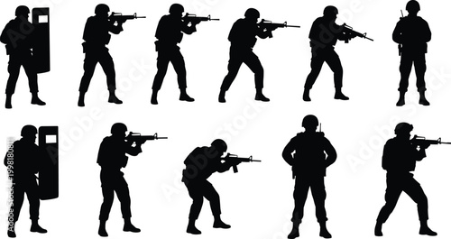 Armed soldier silhouette illustration, tactical military fighter artwork, black and white combat design, security force drawing, defense stock image