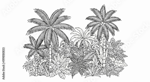 Lush tropical foliage with diverse palm trees and dense undergrowth