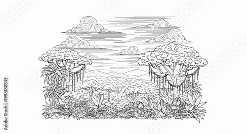 Lush tropical forest with layered mountains under a cloudy sky