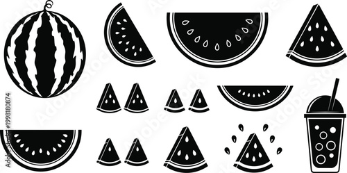 Watermelon and Fruit Icons Set with Whole Watermelon, Slices, Juice, and Refreshing Drinks for Summer and Healthy Eating Designs