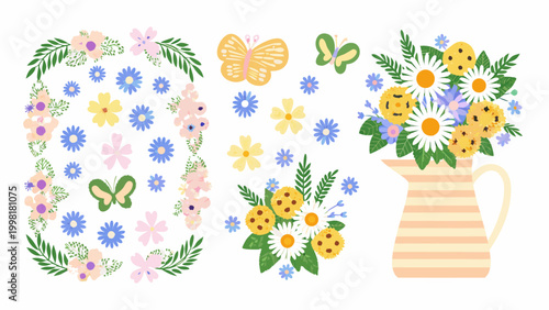 Floral arrangement and scattered flowers vector illustration white background