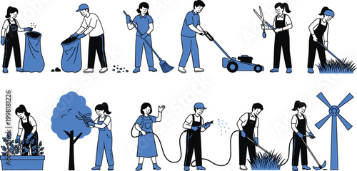 Gardening and Landscaping Icon Set Featuring Outdoor Maintenance, Planting, Mowing, and Watering for Home Gardening, Landscaping, and Lawn Care Projects