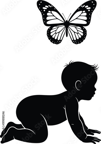 Baby silhouette, crawling infant, butterfly icon, innocence symbol, nature illustration, childhood art, exploration design, black illustration, curiosity, affection, minimalistic