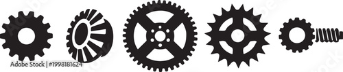 Industrial gears icon set in solid and outline style, mechanical cogwheel symbols for engineering
