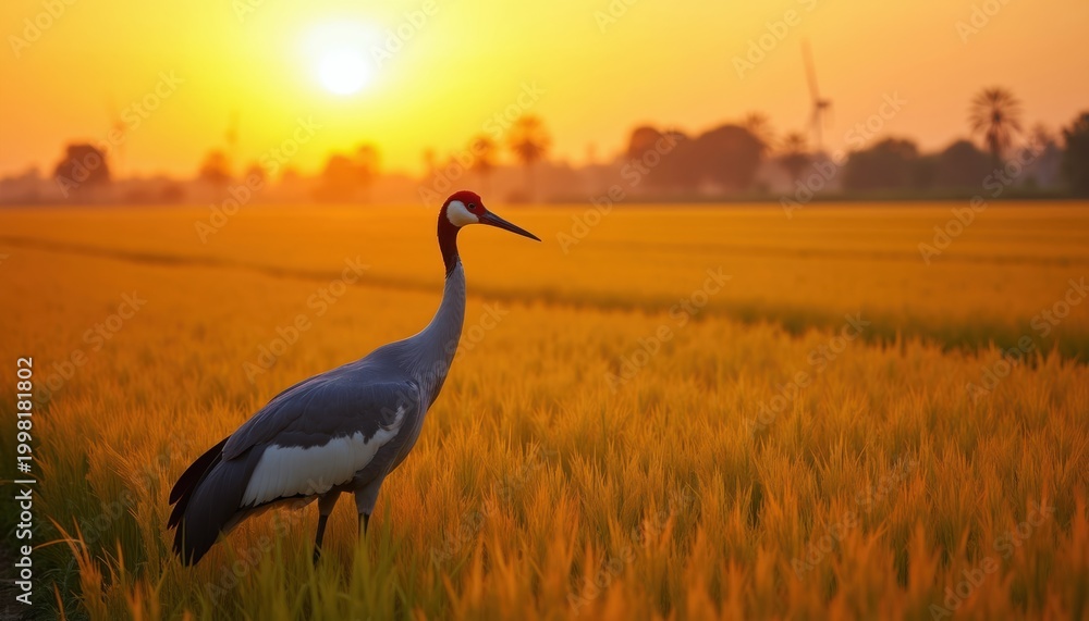 Fototapeta premium Crane bird stands in golden field during sunset. Tall bird with red head and grey body near trees and windmills on horizon. Natural wildlife scenery at dusk.