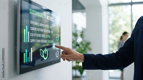 Business executive interacting with sustainability metrics dashboard on digital screen, analyzing carbon footprint reduction and eco-efficiency data for corporate responsibility