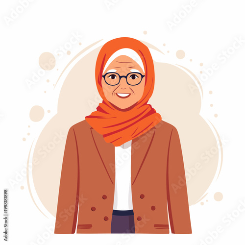 Elderly Muslim Woman Wearing Hijab and Glasses