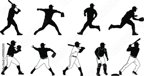 Baseball player silhouettes in action poses, batting pitching fielding catching artwork, sports illustration design, athletic character graphic, dynamic game concept