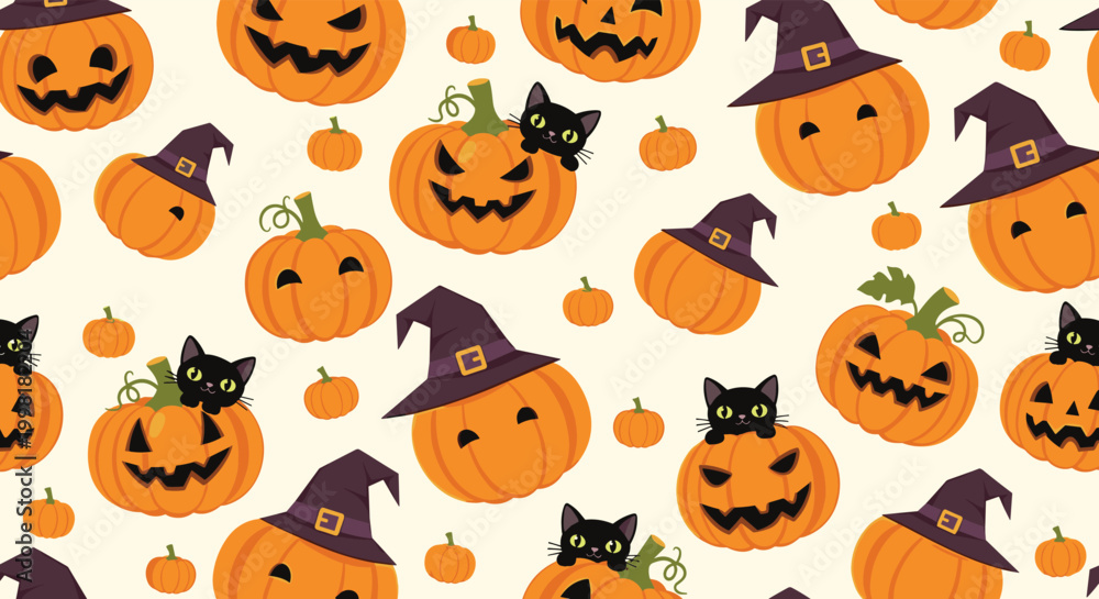Fototapeta premium Fun Halloween pattern featuring carved jack-o-lantern pumpkins and cute black cat characters wearing purple witch hats.