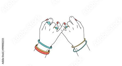 Close up of two hands with rings and bracelets making a pinky swear promise against a plain white background.