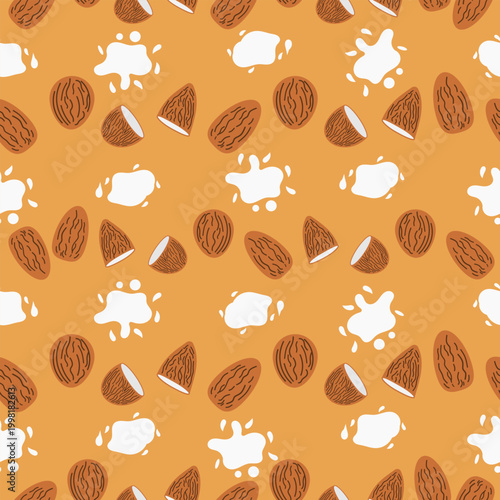 Almond and milk pattern background. Almond melt milk seamless pattern. hand drawn almond. healthy food for shop walpaper.