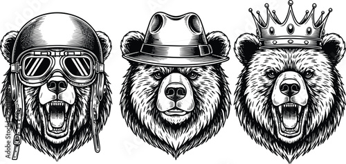 Bear heads silhouette illustration, black and white artwork, pilot helmet roaring bear, fedora hat stern bear, crown royal roaring bear