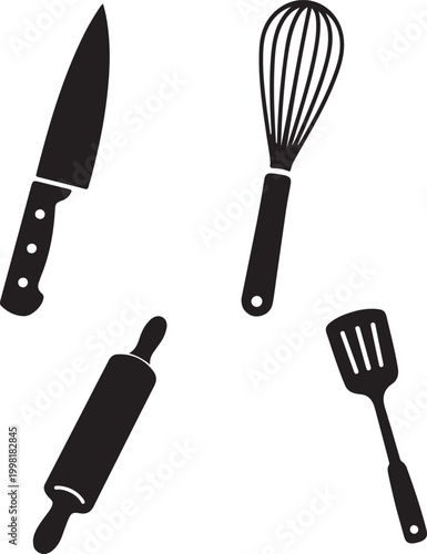 Kitchen utensils icon set in solid and outline style, cooking tools for food preparation design