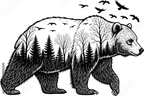 Bear silhouette illustration, forest landscape artwork, wildlife nature design, black and white animal vector, ecological conservation motif, birds flying above trees