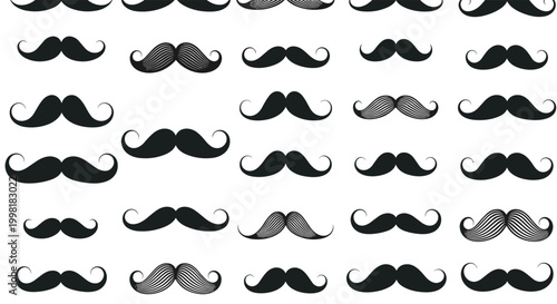 Comprehensive collection of diverse black mustache styles and shapes in a clean grid layout for grooming or character design.