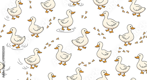 Playful seamless pattern showing cute white ducks walking and leaving orange footprints on a clean white background in vector.