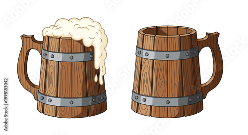 Two rustic wooden beer mugs with metal bands, one overflowing with white foam and the other empty, on a white background.