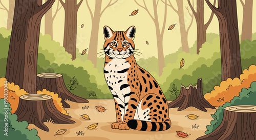 Beautiful ocelot wild cat sitting gracefully in a vibrant green forest with autumn leaves and tree stumps in flat style.
