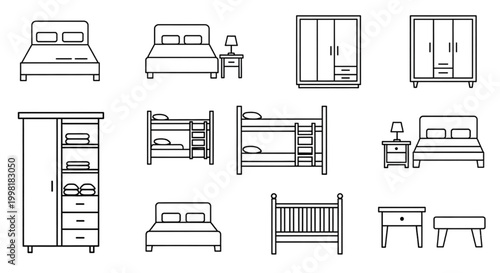 Bedroom Furniture CAD Blocks Collection – Beds, Wardrobes, Bunk Beds and Nightstands Line Drawing Set