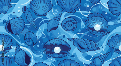 Ocean themed seamless pattern with various blue seashells and white pearls floating in a deep blue watery background.