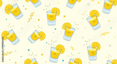 Fun seamless pattern with small shot glasses of yellow liquid decorated with lemon slices and cute happy faces on a pale yellow.