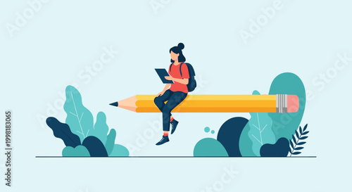 Creative concept illustration showing a young woman sitting on a giant yellow pencil while using a digital tablet for design.