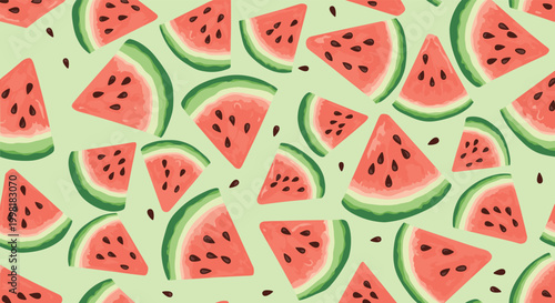 Vibrant summer seamless pattern with juicy red watermelon slices and black seeds on a light green background for a fresh look.