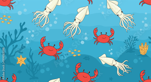Undersea seamless pattern featuring cute white squid, red crabs, and colorful corals and fish in a deep blue ocean.
