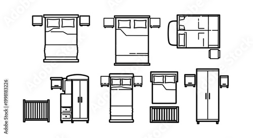 Bedroom Furniture CAD Block Set with Beds, Wardrobes, Nightstands and Crib Layouts in Plan and Elevation Views