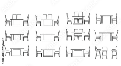 Dining Table and Chair Elevation CAD Blocks with Multiple Seating Variants and Bar Stool Options for Interior Design