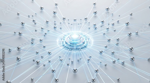 Central glowing sphere with radiating connections, representing a network hub, connections