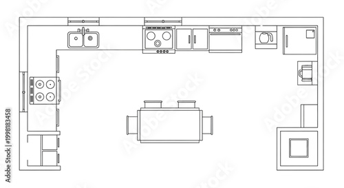 L Shaped Kitchen Floor Plan CAD Drawing with Dining Table, Appliance Layout and Cabinet Configuration Top View