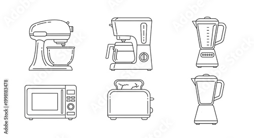 Kitchen Appliance CAD Block Set with Mixer, Coffee Maker, Blender, Microwave and Toaster Line Drawings for Interior Design