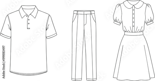 Black and white clothing illustration, polo shirt sketch, trousers drawing, vintage dress outline, fashion design template, garment pattern, apparel vector art