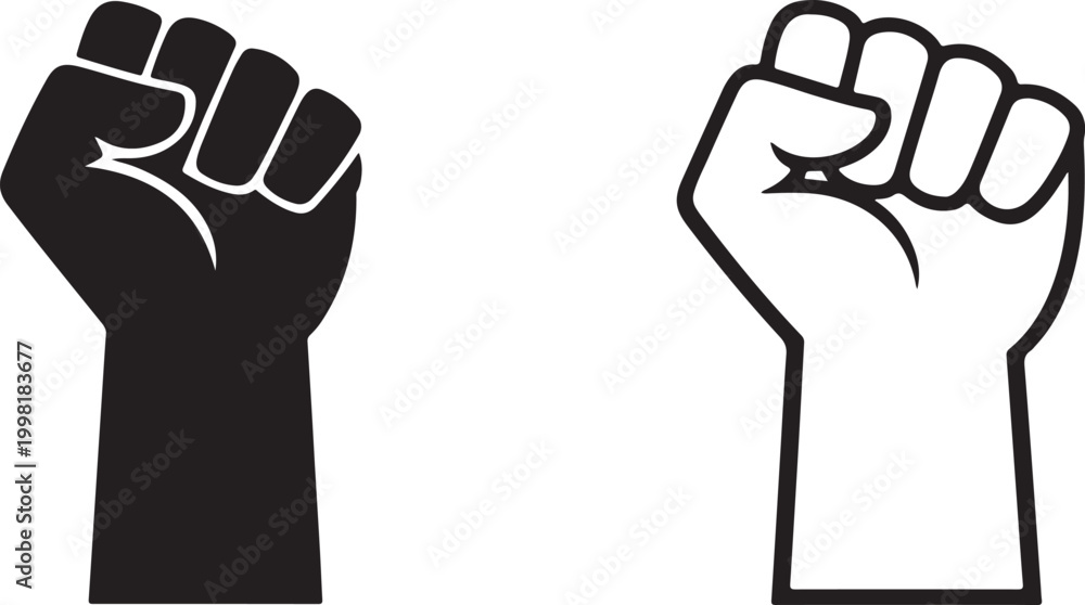 Obraz premium Raised fist icon set symbolizing protest, unity, power and resistance in bold hand gesture style