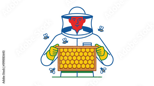 A beekeeper wearing a protective white suit holds a golden honeycomb frame while surrounded by small stylized bees in this clean and vibrant vector illustration.