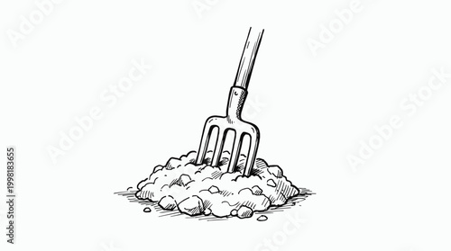 A sturdy garden fork stands firmly embedded within a loose mound of rich dark soil in this minimalist ink drawing showcasing clean lines and sharp contrast.
