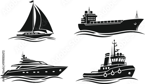 Boat and ship silhouettes set, sailboat cargo yacht tugboat, maritime vessel artwork, nautical illustration design, ocean transport graphic concept