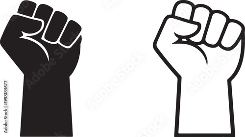 Raised fist icon set symbolizing protest, unity, power and resistance in bold hand gesture style